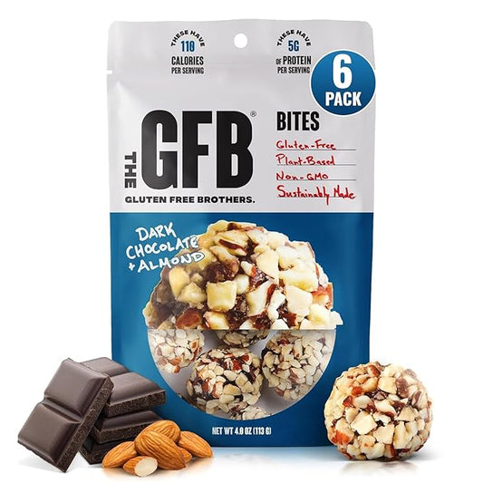 The Gluten Free Brothers Dark Chocolate Almond Bites - Gluten Free Protein Balls – Non GMO, Soy Free, Vegan – Snack Size Plant Based Protein Energy Balls, 4 Oz (6 Count)