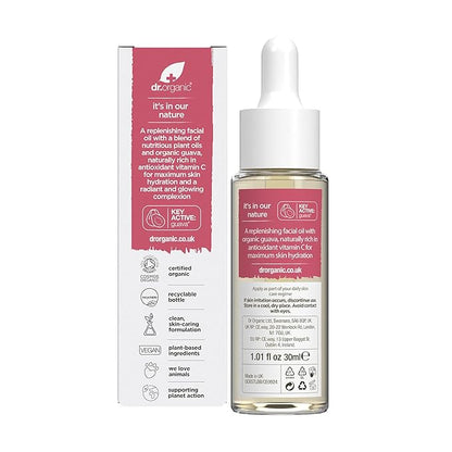 Dr. Organic Guava Vitamin C Moisture Boosting Oil | Hydrating & Brightening for Dull, Dehydrated Skin, With Tropical Guava Extract, 100% Natural Origin, Vegan, 30 mL / 1 fl oz