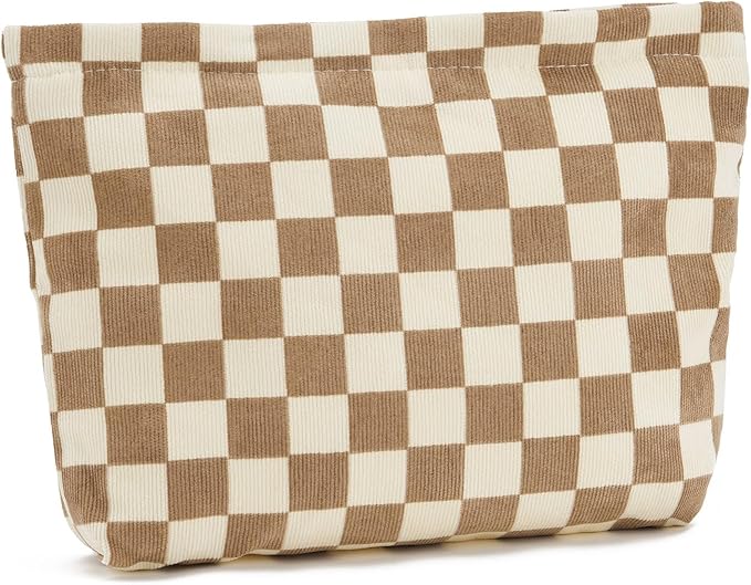 WOZEAH Corduroy Makeup Bag for Purse Small Cosmetic Pouch,Stylish Zipper Make up Pouch Travel Canvas Toiletry Bags(Light Brown Checkered)