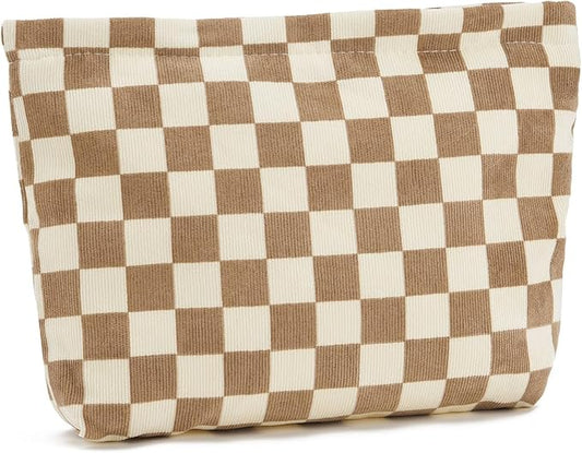 WOZEAH Corduroy Makeup Bag for Purse Small Cosmetic Pouch,Stylish Zipper Make up Pouch Travel Canvas Toiletry Bags(Light Brown Checkered)