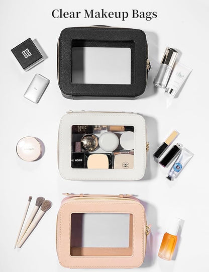 Keains Clear Makeup Bag for Women，Cosmetic Organizer Case Transparent Waterproof Travel Toiletry Bag with Zipper，Portable Make Up Organizer Traveling Compact Car Bag for Essentials（Off White）