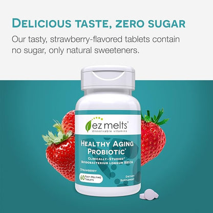 EZ Melts Dissolvable Healthy Aging Probiotic, Bifidobacterium Longum BB536 (2 Billion CFU), Sugar-Free, Probiotics for Women & Men 50+, 2-Month Supply