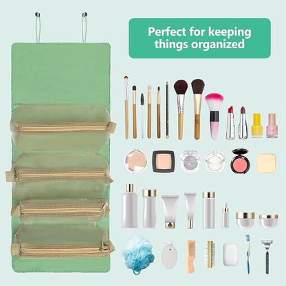 Roll Up Makeup Bag, Hanging Toiletry Bag, 4 in 1 Detachable Cosmetic Bag, 4 Removable Storage Bags, Travel Makeup Organizer Bags for Women Men(Green)