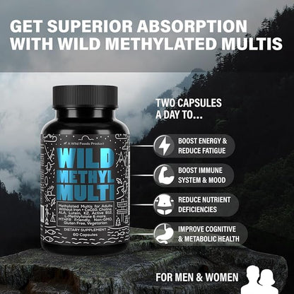 Wild Methylated Multivitamin for Women & Men | Daily Multi Vitamin | MTHFR Supplement Without Iron | Methylated B12, Folate, Vitamin C, A, K2, D, E, Choline, Biotin, ALA, CoQ10 & More (Pack of Two)