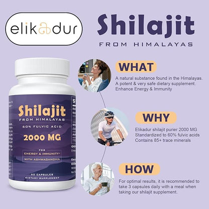 2000 MG Shilajit Supplement, Shilajit Resin Organic, Shilajit Capsules, 100% Pure Shilajit with 85+ Trace Minerals & 60% Fulvic Acid, Boost Energy & Immunity, Vegetarian, Natural, 60 Capsules