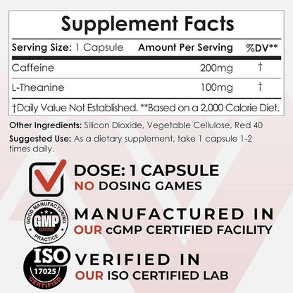 Nootropics Depot Caffeine and L-Theanine Capsules | 60 Count | Contains 200mg of Caffeine and 100mg of L-Theanine | Natural Supplement | Energy Booster | Mental Focus + Alertness | Coffee Alternative
