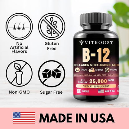 B12 with Hyaluronic Acid, Collagen, and Folate – Methylcobalamin 25,000 mcg B1, B2, B3, B6, B7 Complex for Enhanced Absorption & Energy Boost | Gluten-Free, Made in USA - Pack of 3