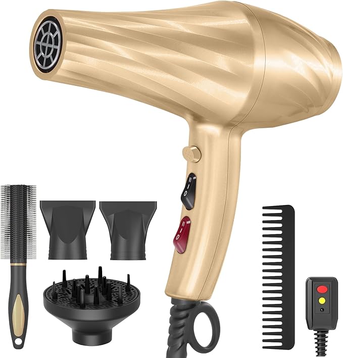 Ionic Hair Dryer,2400W Negative Ion Low Noise Hair Dryer Professional Fast Drying Hair Dryer with 2 Speeds, 3 Heat Settings, Cooling Button,with Diffuser for Curly and Straight Hair（Champagne Gold）