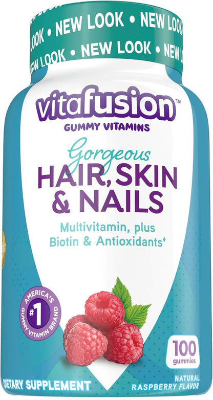 Vitafusion Gorgeous Hair, Skin Nails Multivitamin Gummy Vitamins, plus Biotin and Antioxidant vitamins CE, Raspberry Flavor, 100ct (33 day supply), from America’s Number One Gummy Vitamin Brand