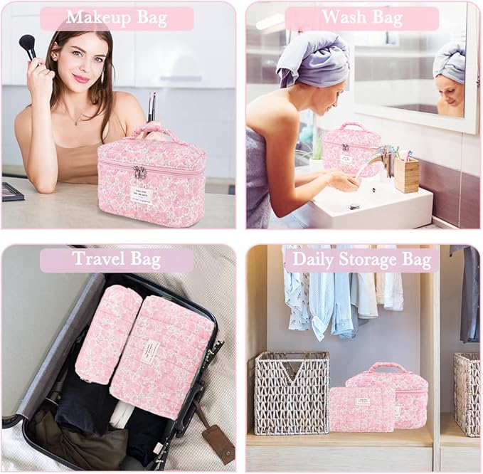 3Pcs Cotton Quilted Makeup Bag Set,Large Floral Cosmetic Bag，Aesthetic Toiletry Travel Makeup Bag Set and Cute Flower Bag for Women Girls (Pink Flower)