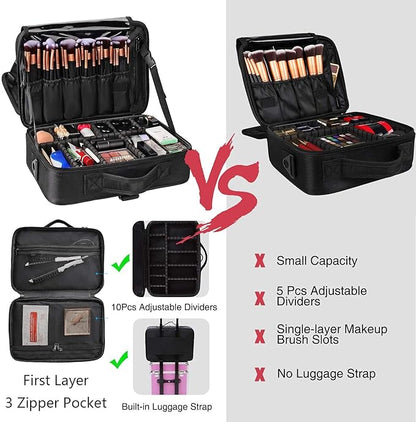 MONSTINA Travel Makeup Train Case,13.8 inches Large Cosmetic Case,Makeup Brush Holder Organizer and Storage with Adjustable Dividers and Shoulder Strap (Black)