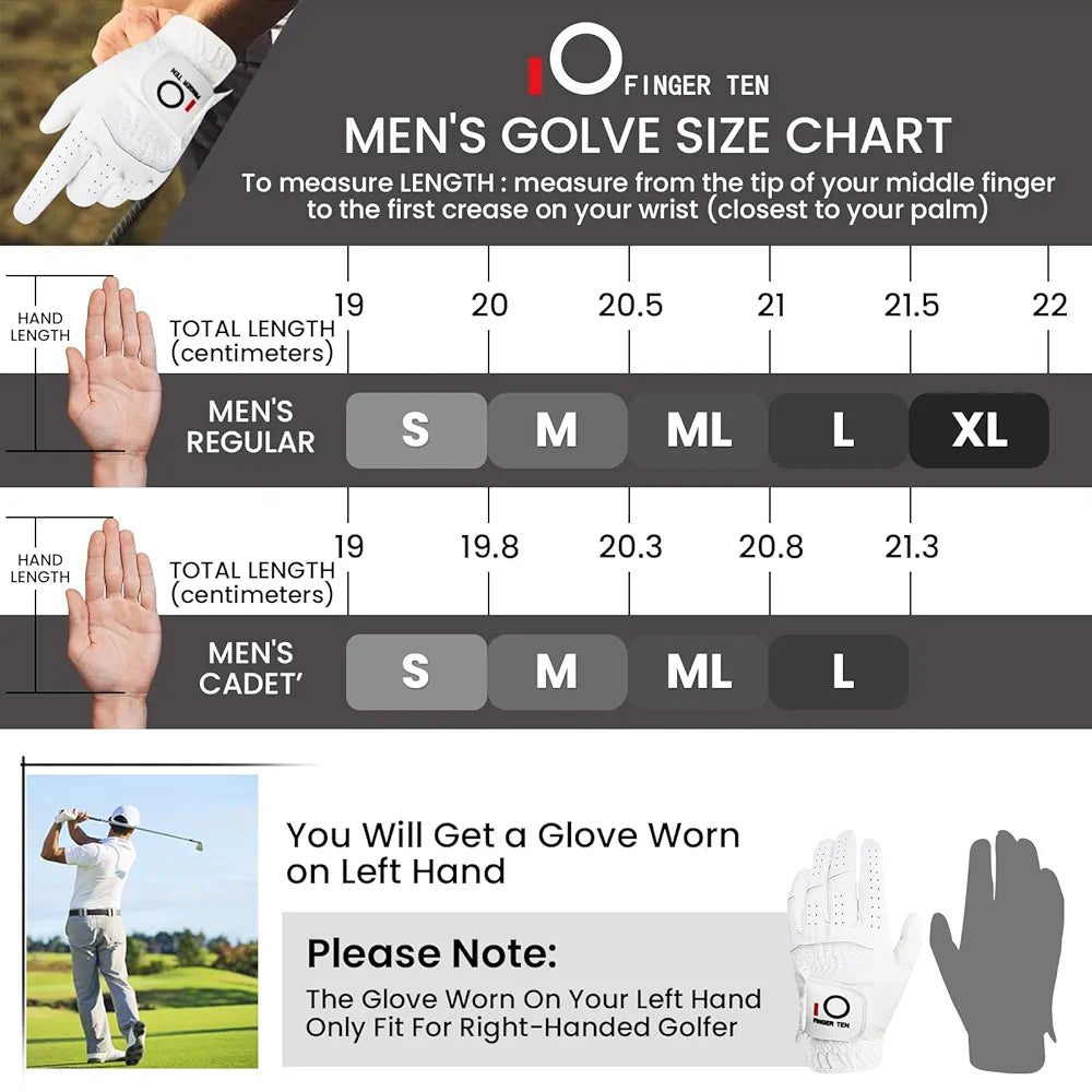 FINGER TEN Golf Gloves Men Left Hand Rain Grip Glove for Right Handed Golfer Value 3 Pack, All Weather Durable Grip Size Small Medium Large XL White Black Blue