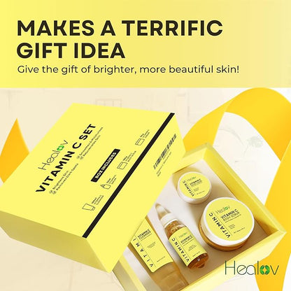 Vitamin C Skincare Set – Hydrating Facial Cleanser, Exfoliating Body Scrub, Face Cream & Anti Aging Serum – Vit C Reduces Dullness, Fine Lines, Wrinkles, Dark Circles – Travel Kit for Youthful Skin