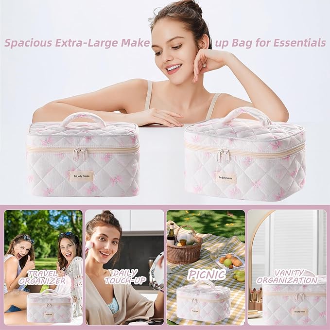 Cute Pink Bow Quilted Makeup Bag, Large Capacity Travel Cosmetic Bag for Women and Girls, Aesthetic Storage for Daily and Travel Use (Pink Bow)