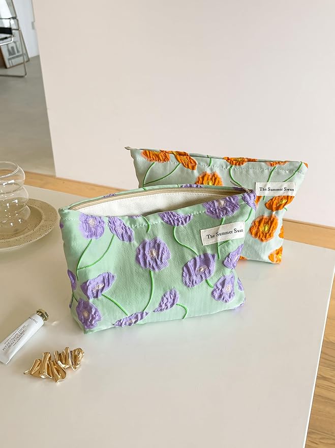 The Summer Swan | Large Aesthetic Makeup Bag | Floral Makeup Bag | Mid-day Clutch | Period Kit Bag | Hygiene Bag | Skincare Bag | Cute Makeup Bag (Color Block Floral Purple), CosmeticBag10575