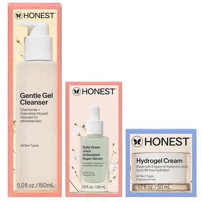 Honest Beauty Everyday Moisturizing Trio | Gentle Gel Cleanser, Green Juice Antioxidant Serum, Hydrogel Cream | 3-Step Routine | Vegan + Gentle for Sensitive Skin