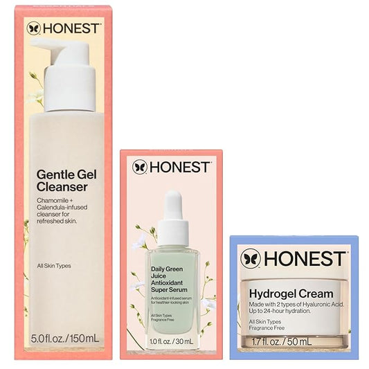 Honest Beauty Everyday Moisturizing Trio | Gentle Gel Cleanser, Green Juice Antioxidant Serum, Hydrogel Cream | 3-Step Routine | Vegan + Gentle for Sensitive Skin
