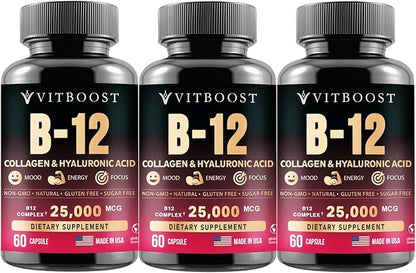 B12 with Hyaluronic Acid, Collagen, and Folate – Methylcobalamin 25,000 mcg B1, B2, B3, B6, B7 Complex for Enhanced Absorption & Energy Boost | Gluten-Free, Made in USA - Pack of 3