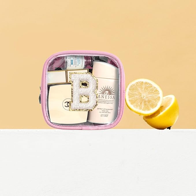 LETGO Mini Initial Makeup Bag | Preppy Makeup Bag | Clear Makeup Bag | Travel Essentials Gifts for Women Teen Girlfriend Teacher Brithday Gifts | Clear Toiletry Bag Small Mini Cosmetic Bag (Pink, B)