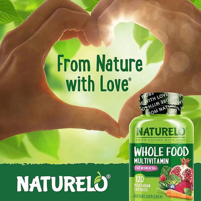 NATURELO Whole Food Multivitamin for Women 50+ (Iron Free) with Vitamins, Minerals, & Organic Extracts - Supplement for Post Menopausal Women Over 50 - No GMO - 120 Vegan Capsules