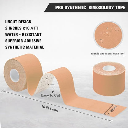 Pro Synthetic Kinesiology Tape 2 Rolls, Athletic Sports Tape for Muscle Joint Support, Pain Relief for Knee Elbow Wrist Ankle, 2 in x 16.4 Ft, Beige