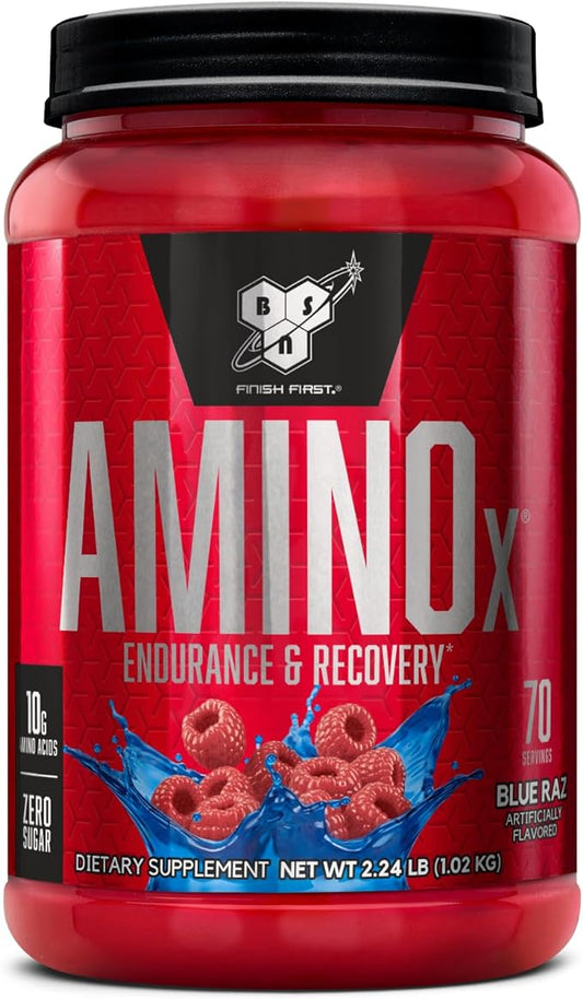 BSN Amino X Muscle Recovery & Endurance Powder with BCAAs, Intra Workout Support, 10 Grams of Amino Acids, Keto Friendly, Caffeine Free, Flavor: Blue Raz, 70 Servings (Packaging May Vary)