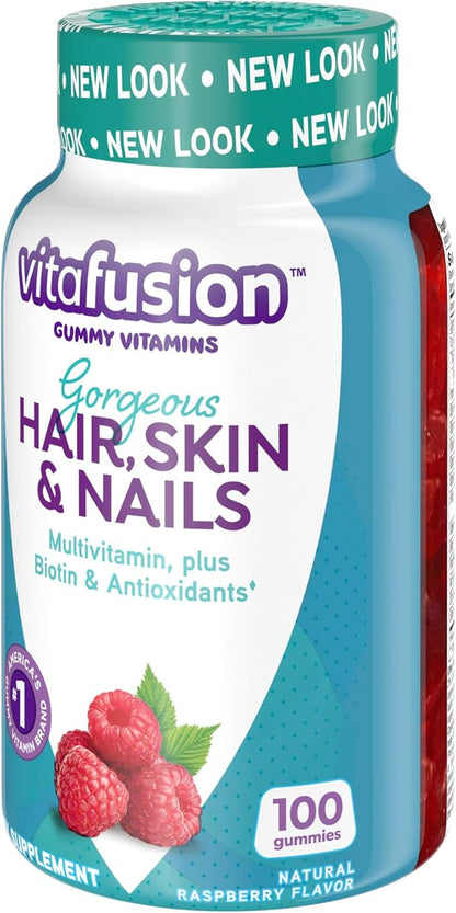 Vitafusion Gorgeous Hair, Skin Nails Multivitamin Gummy Vitamins, plus Biotin and Antioxidant vitamins CE, Raspberry Flavor, 100ct (33 day supply), from America’s Number One Gummy Vitamin Brand