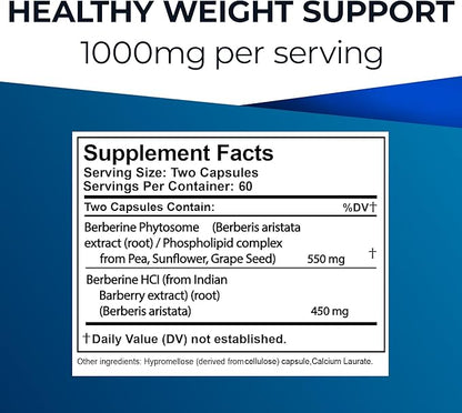 Ultimate Berberine Phytosome for Healthy Weight Management - Dual Action Formula with Berberine HCL - Carbohydrate Metabolism, GI, Immunity & Cholesterol Support - 1000mg Maximum Strength Supplement