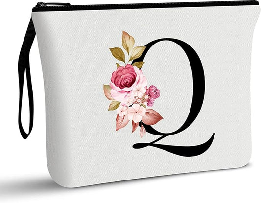 Vavabox A-Z Personalized Makeup Bag, Birthday Gifts for Women Mom, Gifts for Best Friend, Bride Bridesmaid Cosmetic bag (Q, White)