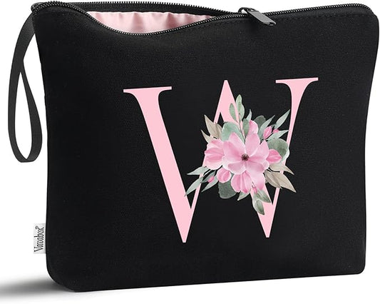 Vavabox A-Z Personalized Makeup Bag, Birthday Gifts for Women Mom, Gifts for Best Friend, Bride Bridesmaid Cosmetic bag (W, Black)
