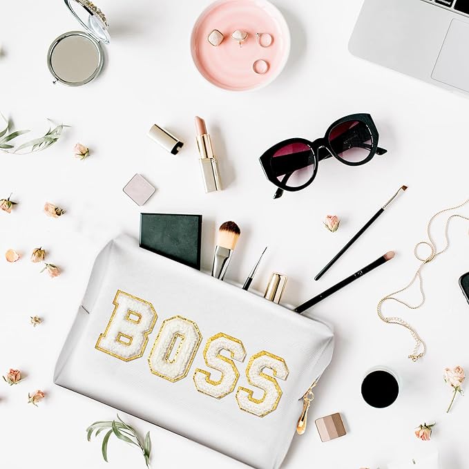 CY2SIDE White BOSS Letter Patch Makeup Bag Gifts for Women PU Leather Patch Cosmetic Bag with Chenille Letter for Travel Waterproof Portable Zipper Big Organizer for Boss's Day Gifts