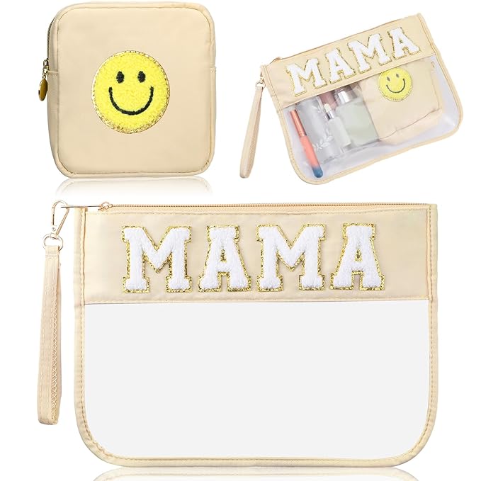 Hillban 2 Pcs Mama Gifts Set Mama Makeup Bag for Hospital Chenille Letter Pouch Preppy Patch Beach Travel Bags Aesthetic Waterproof Portable Toiletry Storage