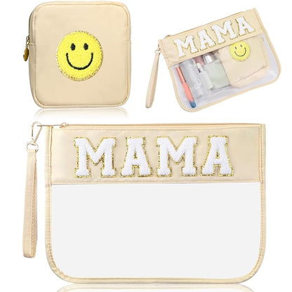 Hillban 2 Pcs Mama Gifts Set Mama Makeup Bag for Hospital Chenille Letter Pouch Preppy Patch Beach Travel Bags Aesthetic Waterproof Portable Toiletry Storage