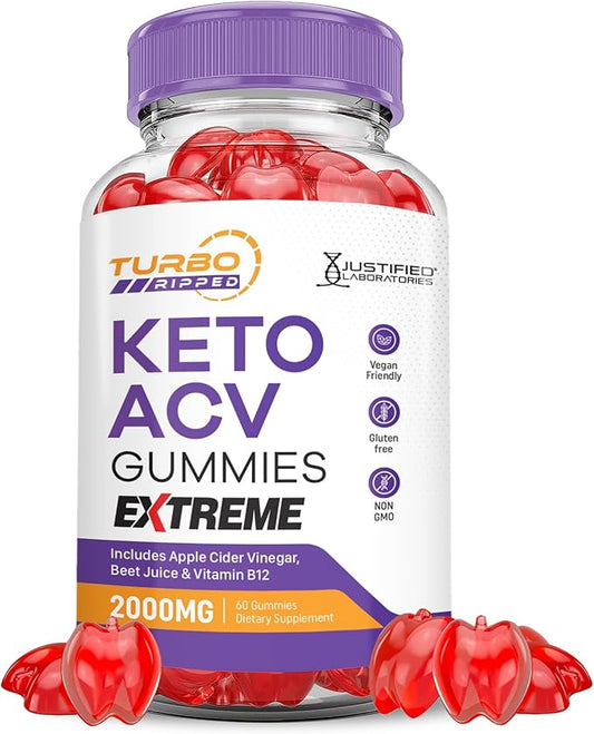 Turbo Ripped Keto ACV Gummies Extreme 2000MG Turbo Ripped Keto Gummies Apple Cider Vinegar Formulated with Pomegranate Beet Juice Powder B12 Vegan Non GMO 60 Gummys