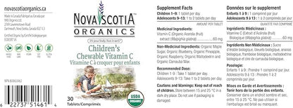 Nova Scotia Organics Children's Chewable Vitamin C (30 Chewable Tablets); Certified Organic; Vegan, Organic Acerola Berries