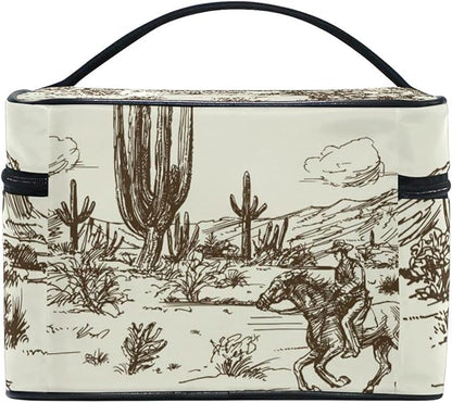 Kigai Wild West Desert Cowboy Travel Cosmetic Bag Case Large Portable Makeup Bag Organizer for Women Girls Top Handle Multifunction Toiletry Bags