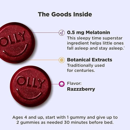 OLLY Kids Sleep Gummy, 0.5mg Melatonin, L Theanine, Chamomile, and Lemon Balm, Childrens Chewable Supplement, Occasional Sleep Support, Raspberry - 60 Count (Packaging may vary)
