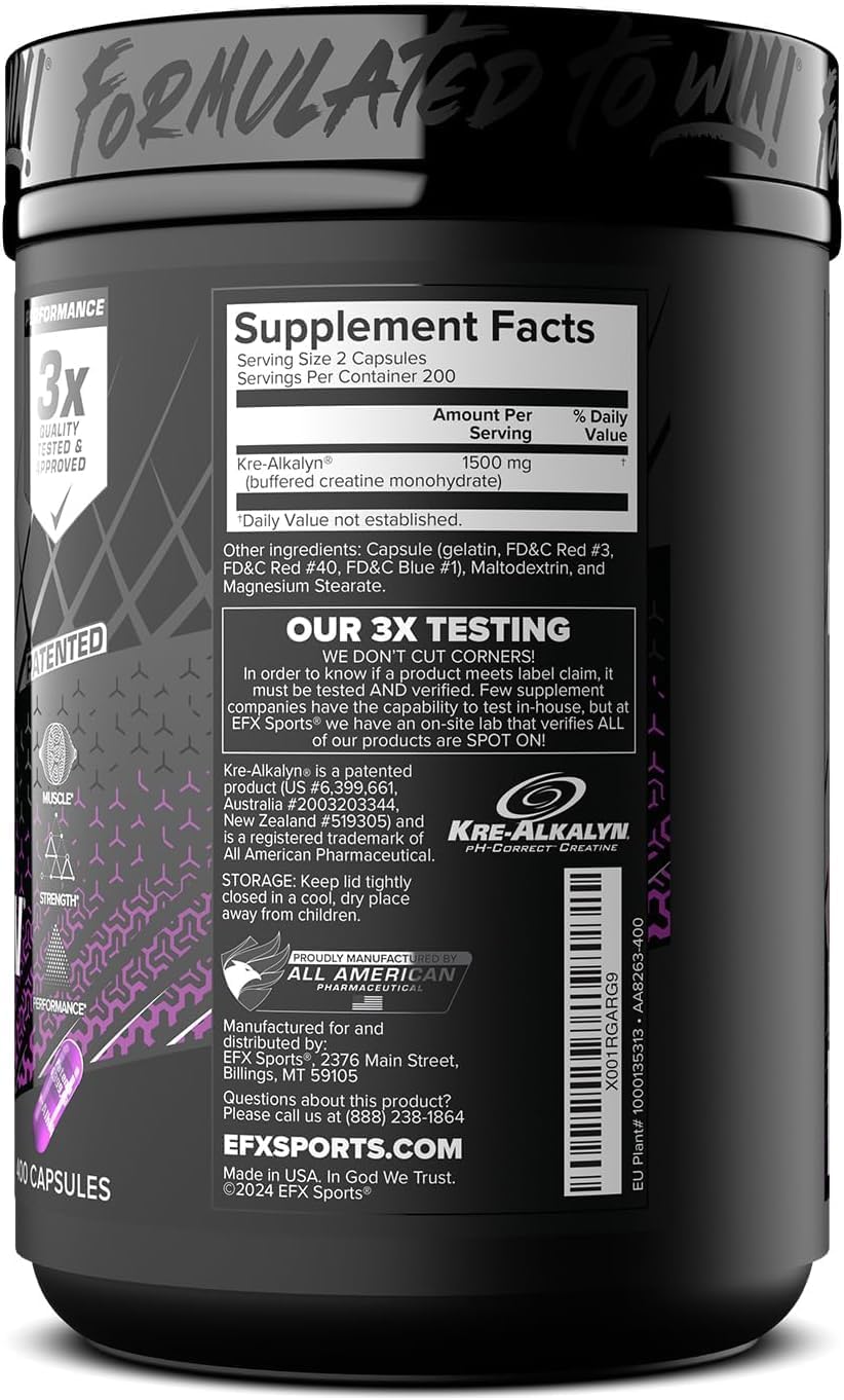 EFX Sports Kre-Alkalyn EFX | pH Correct Creatine Monohydrate Pill Supplement | Strength, Muscle Growth & Performance | 200 Servings, 400 Capsules