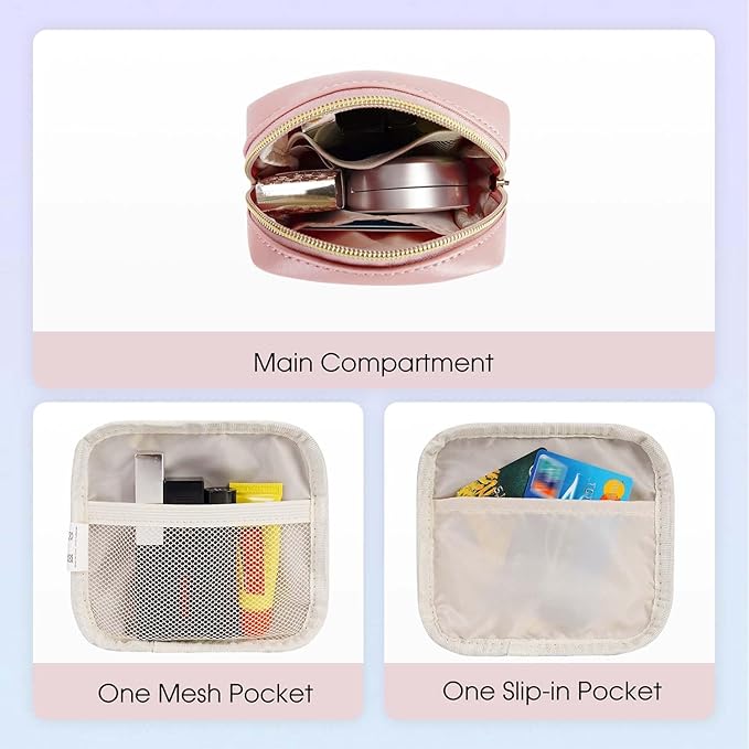 Wandering Nature Small Makeup Bag for Purse Mini Make up Pouch Cute Cosmetic Pouch for Women with Slip-in Pockets Matte Leather, Pink