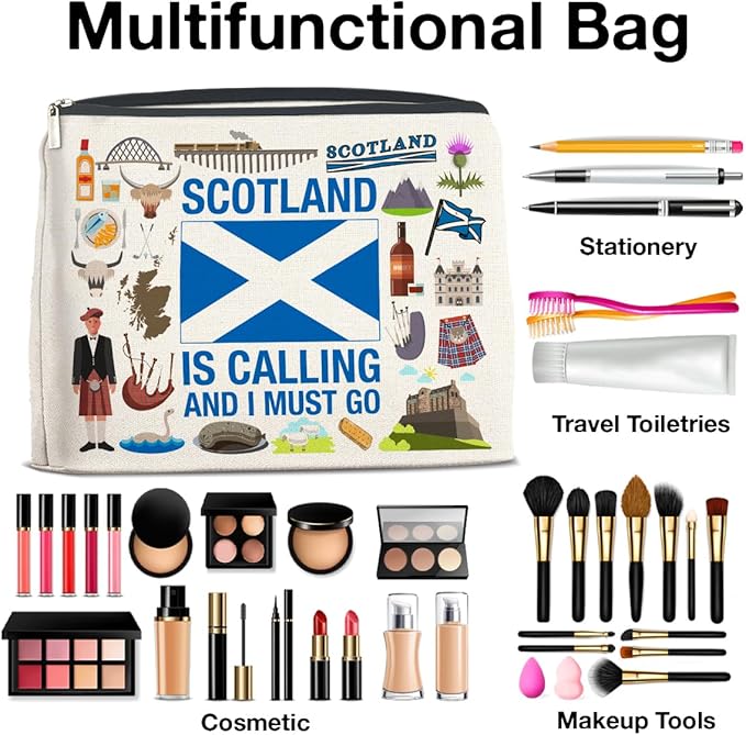 Scotland Travel Gifts Makeup Bag Scotland Gifts for Women Friends Traveler Cosmetic Bag Scotland Is Calling Zipper Makeup Pouch