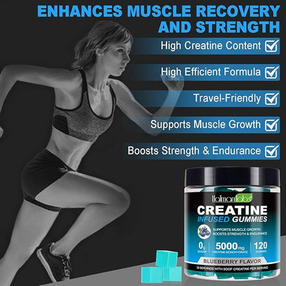 Creatine Monohydrate Gummies for Men & Women - 5g per Serving, Low Sugar Creatine Monohydrate Gummies - Increase Strength, Muscle Gain, Recovery, Endurance - Vegan, Gluten-Free,Blueberry (120 Count)