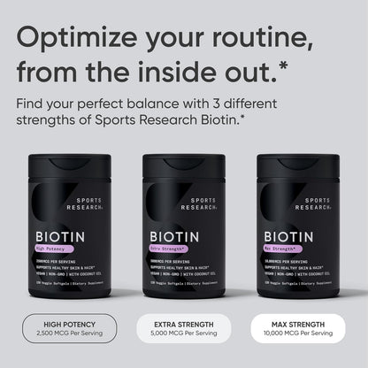 Sports Research Extra Strength Vegan Biotin (Vitamin B) Supplement with Organic Coconut Oil - Supports Keratin for Healthier Hair & Skin - Great for Women & Men - 5,000mcg, 30 Veggie Softgel Capsules