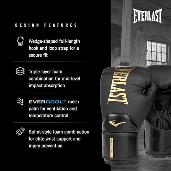 Everlast Elite 2 Boxing Gloves, Pro Training Gloves for Men and Women, Secure Fit Hook and Loop Closure & Ventilation, Heavy Bag & Speedbag Training.