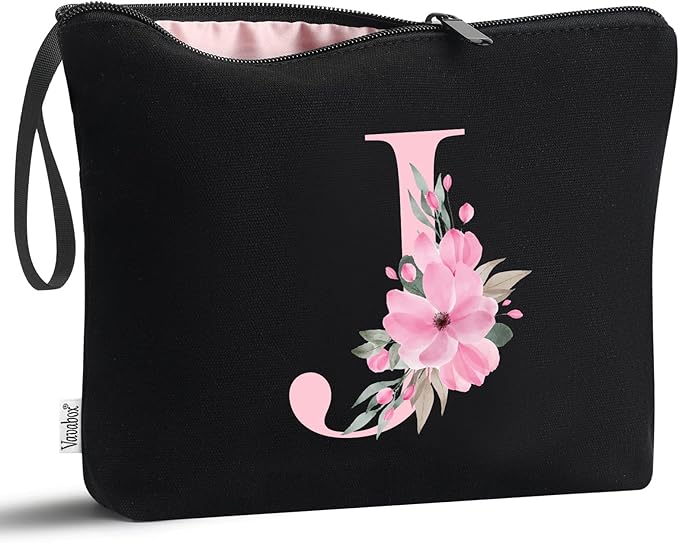 Vavabox A-Z Personalized Makeup Bag, Birthday Gifts for Women Mom, Gifts for Best Friend, Bride Bridesmaid Cosmetic bag (J, Black)