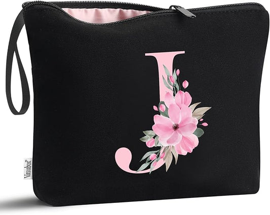 Vavabox A-Z Personalized Makeup Bag, Birthday Gifts for Women Mom, Gifts for Best Friend, Bride Bridesmaid Cosmetic bag (J, Black)