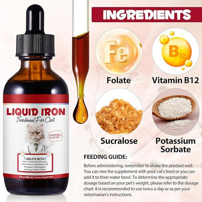 Liquid Iron for Cats, Liquid Iron Drops for Cats Supports Anemia, Low Enery Levels and Lethargy Cats- Improve Energy Levels & Vitality, Pet Supplies Cat Vitamin Supplement, Caramel Flavor - 2 fl.oz