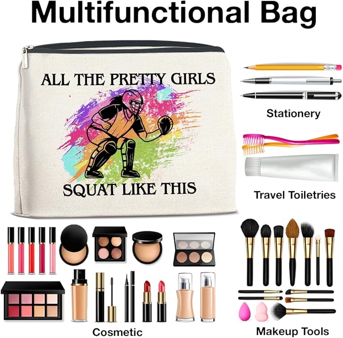 Softball Catcher Makeup Bag - Gifts for Girls and Women - All the Pretty Girls Squat Like This - Cosmetic Zipper Pouch