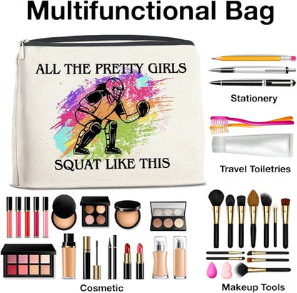 Softball Catcher Makeup Bag - Gifts for Girls and Women - All the Pretty Girls Squat Like This - Cosmetic Zipper Pouch