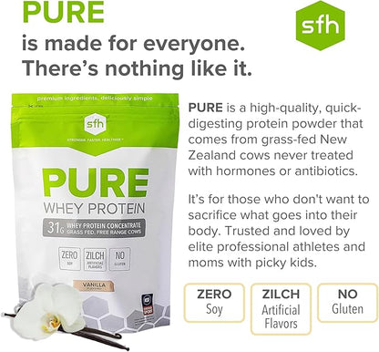 SFH Pure Whey Protein Powder (Vanilla) Best Tastin Grass Fed Whey | All Natural | Non-GMO, No Artificials, Soy Free, Gluten Free | (Vanilla, 31.9 Ounce (Pack of 1)