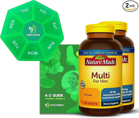 Multi for Him, 300 Count (2 Pack) with Bundle Exclusive Vitamins & Minerals - A to Z - Better Ligth&Spring Guide + Weekly Pill Organizer (4 Items)